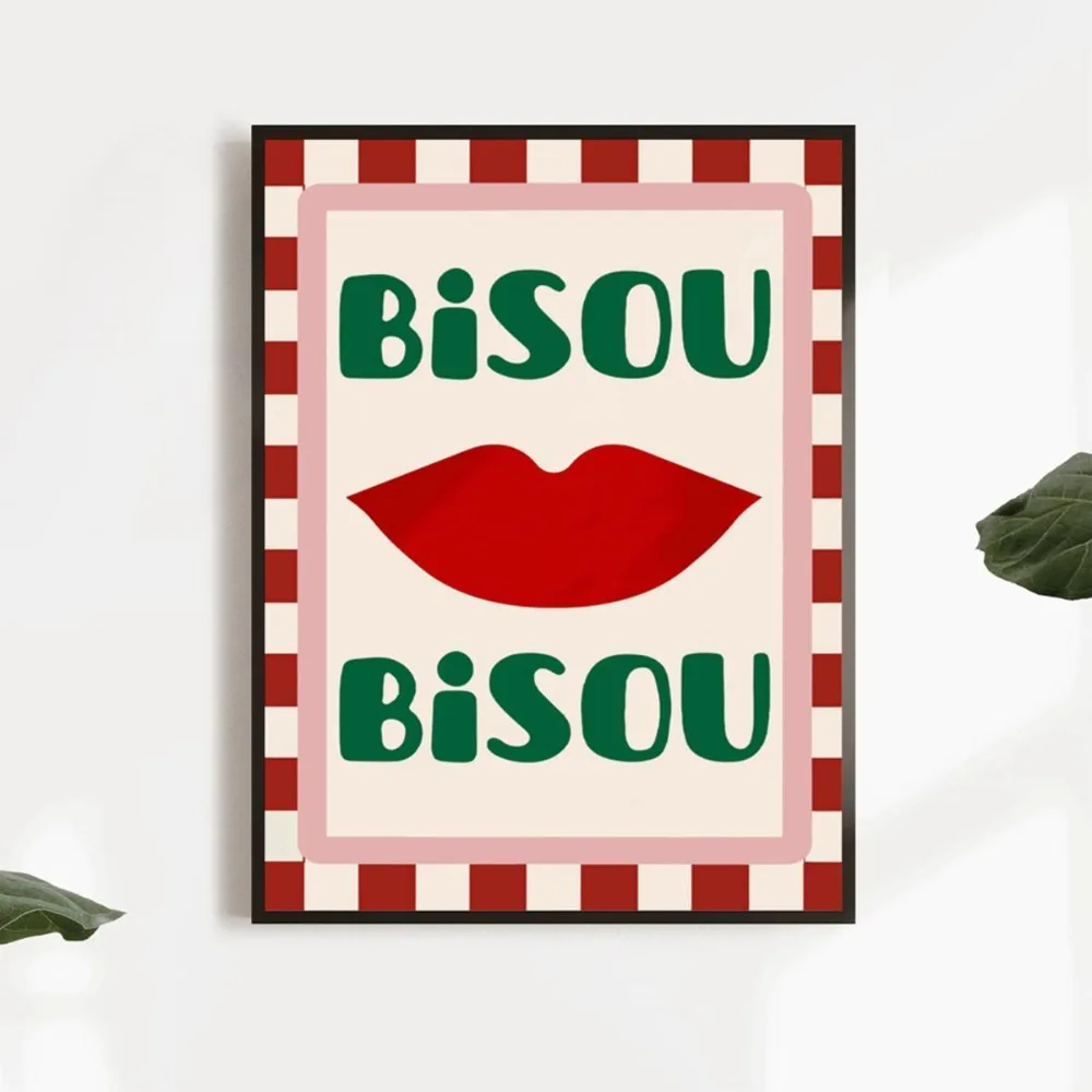 ملصق مؤطر لفن الشفاه الأحمر Bisou Bisou ، لوحة قماشية كلاسيكية حديثة لغرفة النوم وغرفة المعيشة والمطبخ والديكور الفني #2