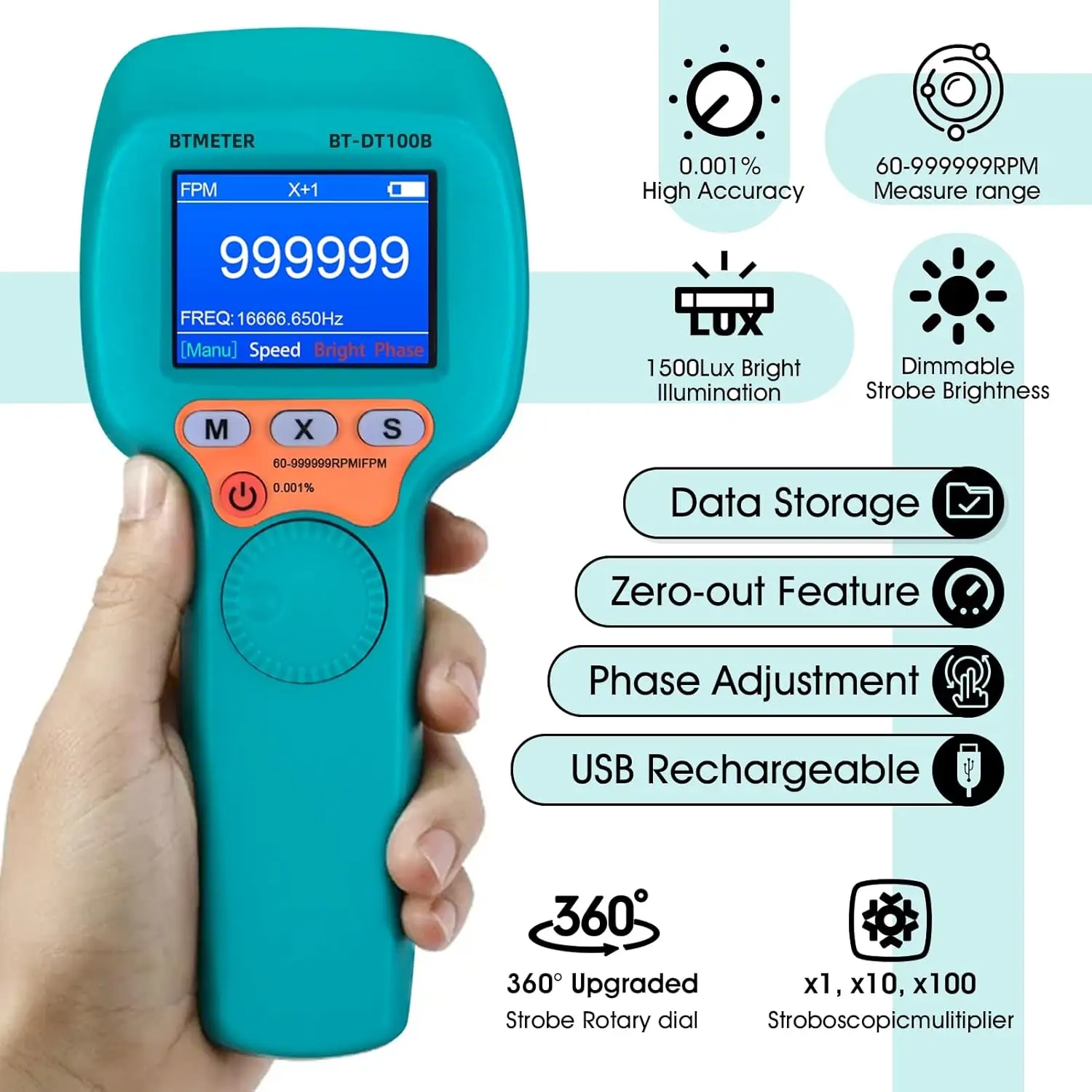 

Stroboscope Strobe Light Tachometer Non Contact Measure 60-999999 RPM/FPM Velocity Hz with 0.001% Accuracy, Handheld Speedometer