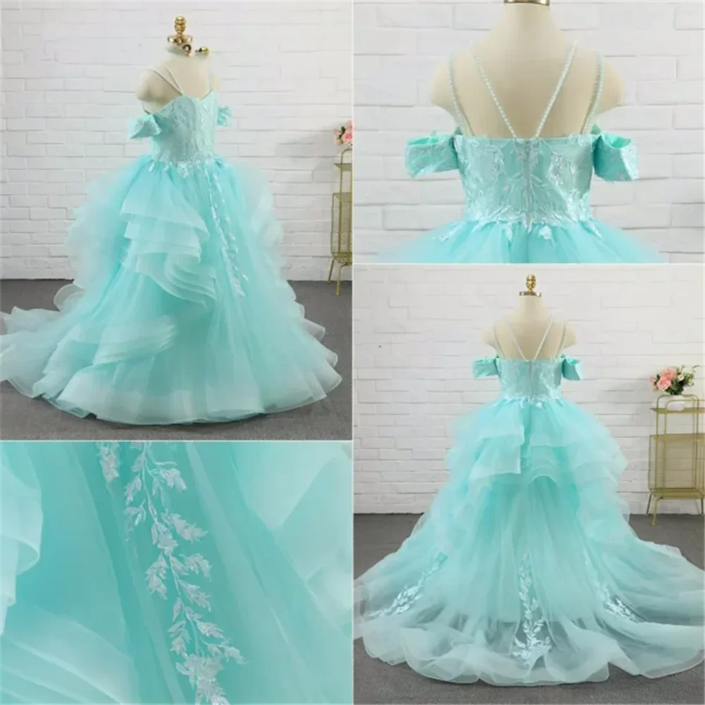 Customised Flower Girl Dress Sleeveless Wedding Kids Birthday Party Banquet Princess Tulle Tiered Flory Pattern Tailing Gowns