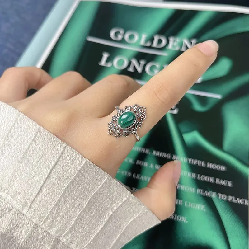 Personalized retro Thai silver natural colored treasure ring female S925 sterling silver court pattern advanced sense index