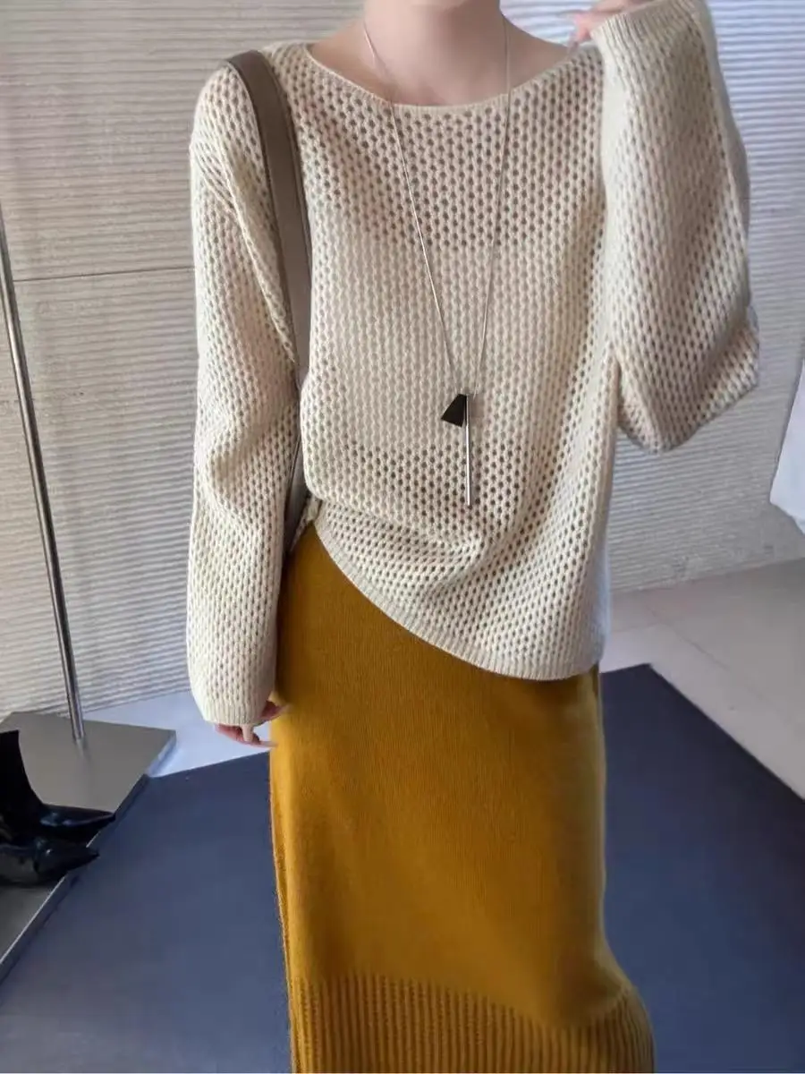 

Korean Sle Long Sve Knitted Sweater Women's Hollow out One oulder Bear Wool Slimming Soft Comfortable Faion Design