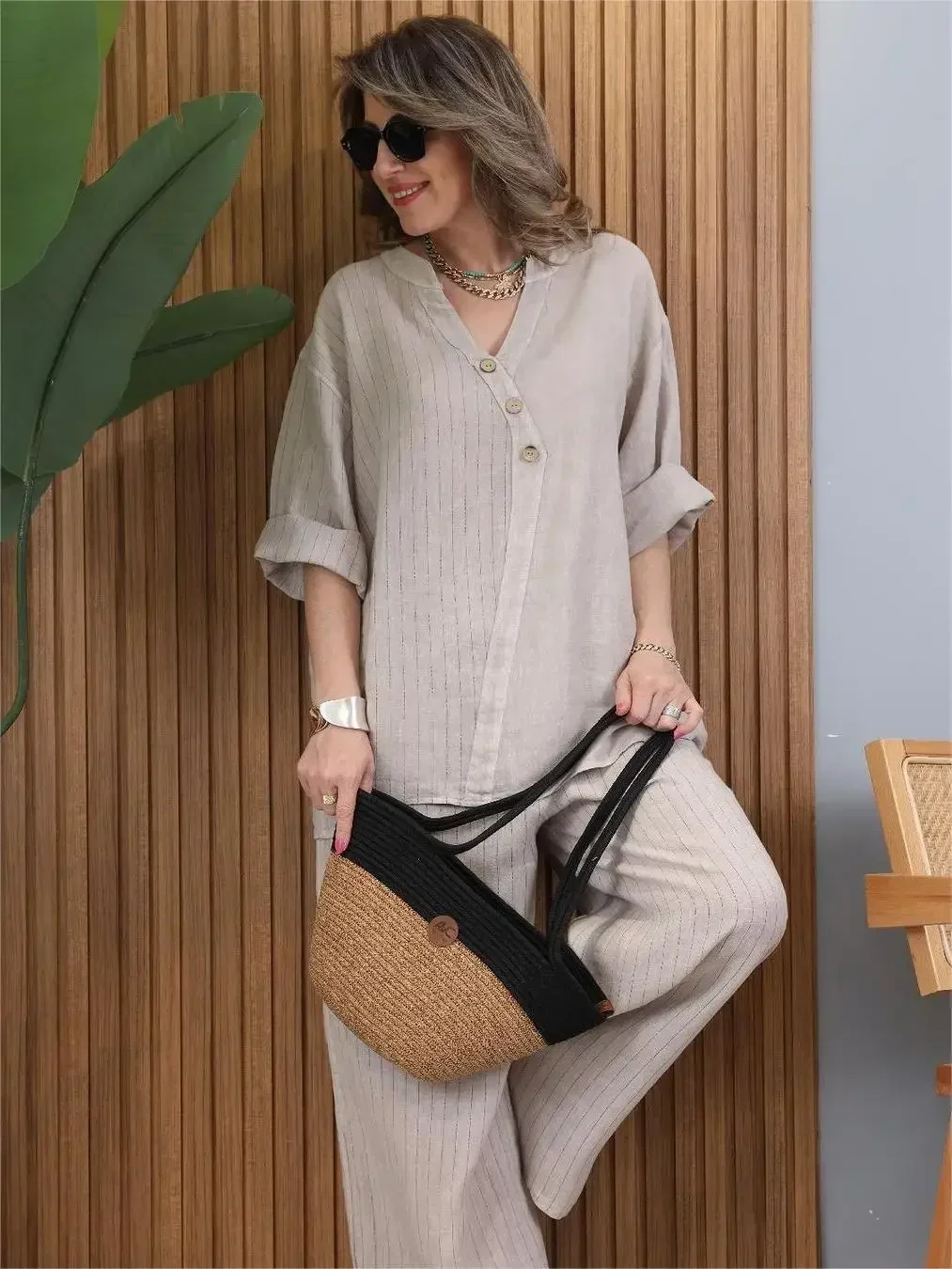 Women V-Neck T-Shirt and Trousers Two-Piece Set Cotton Linen Button Loose Ladies Shirt Casual Chic Pullover with Wide Leg Pant