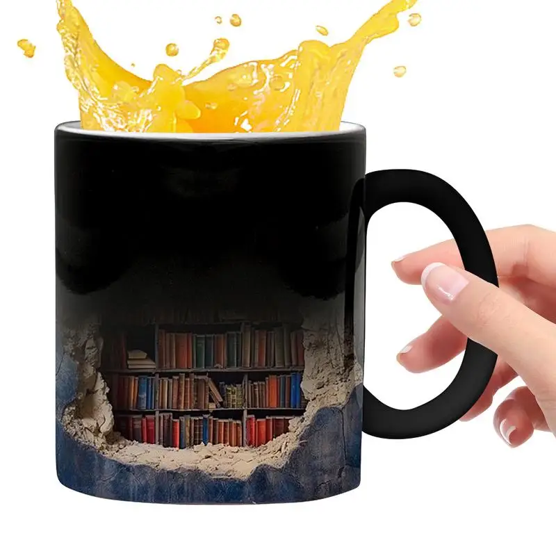 Library Bookshelf Mug Ceramic Heat Sensitive Beverage Cup 3D Drinkware Mug Christmas Funny Gifts For Book Lovers Authors