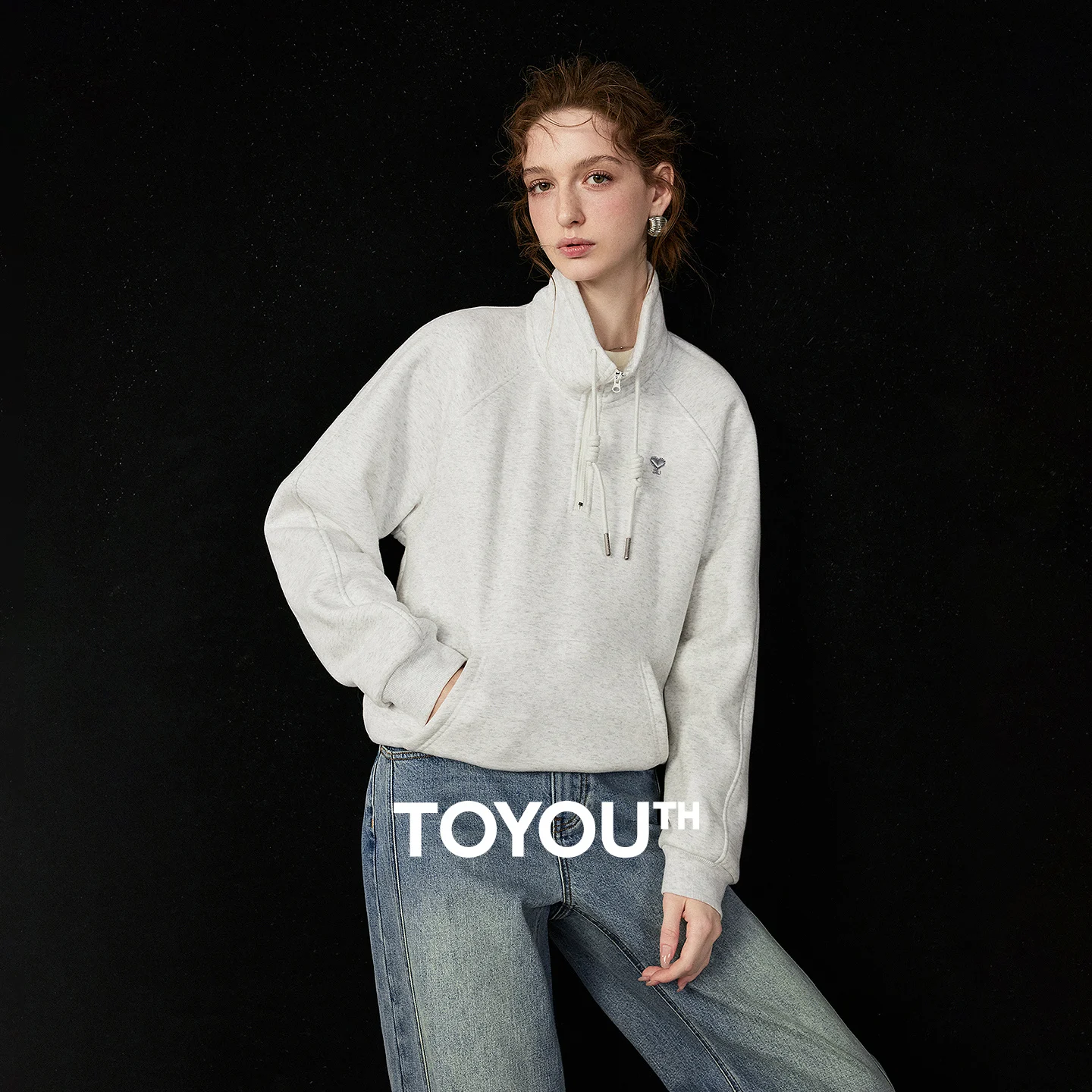 TOYOUTH Women Sweatshirt 2026 Autumn New Sports Style Sherpa Fleece Loose High Neck Raglan Sleeve Warm Pullover Tops