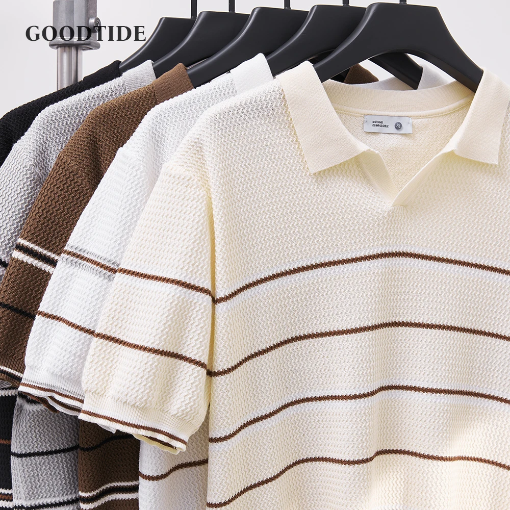 

Men's Striped Knitted Polo Shirt Summer Fashion Retro Lapel Business Office Short Sleeve T-shirt Small V-neck Top Men's Clothing