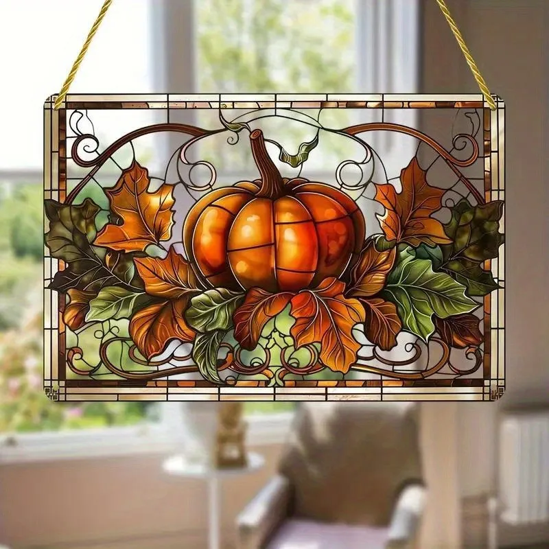 Autumn Thanksgiving Charming Pumpkin Stained Glass-Effect Hanging Ornament - Acrylic Window & Door Décor,Home & Garden