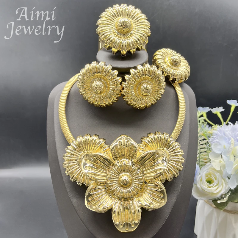 

Italian Luxury Dubai 24K Gold Plated Jewelry Set Big Flower Necklace Earrings Bracelet Ring Elegant Bridal Wedding Party Gifts