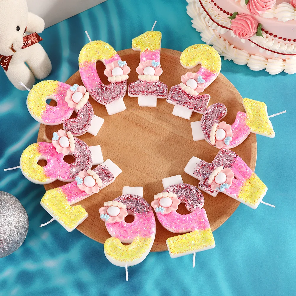 Flower small bow-shaped numbers candles, yellow, pink, rose three-color candles, party gifts, birthday and anniversary candles