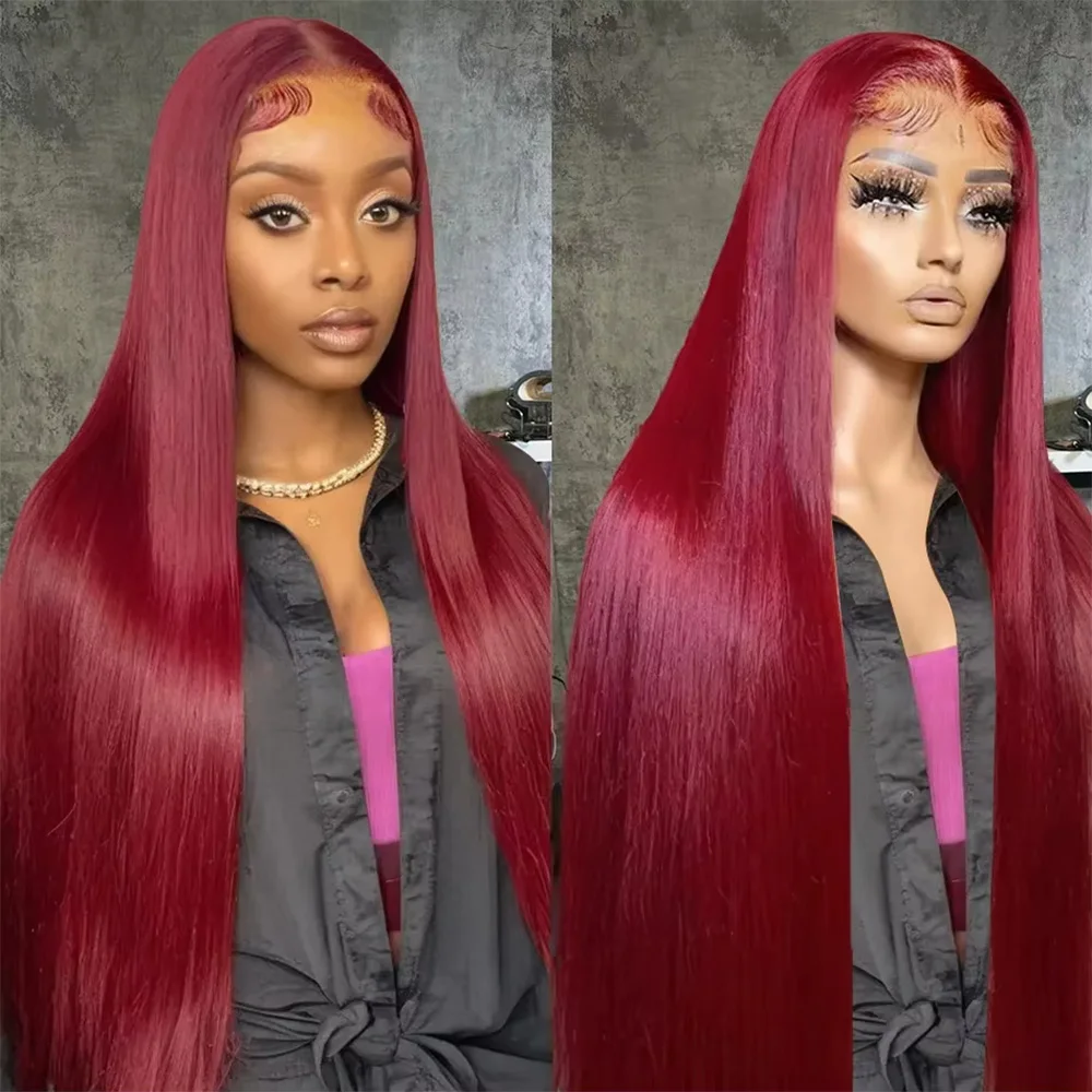 

#99J Burgundy Straight Human Hair Wigs 13X6 HD Lace Frontal Wig Red Wine Colored Preplucked Brazilian Hair Transparent Lace Wigs