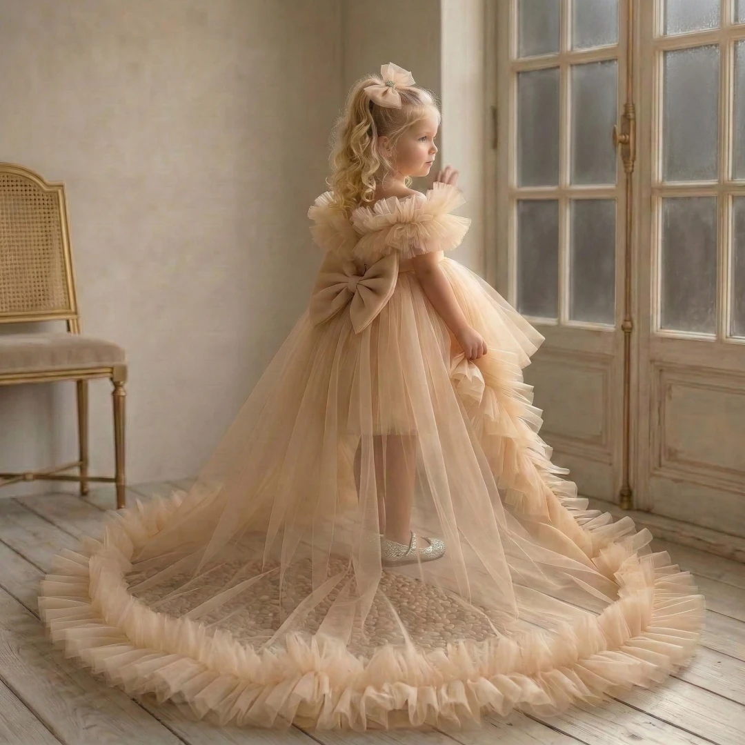 Customized Flower Girl Dresses Champagne Tulle Tiered With Bow And Trailing For Wedding Birthday Party Prom Banquet Ball Gown