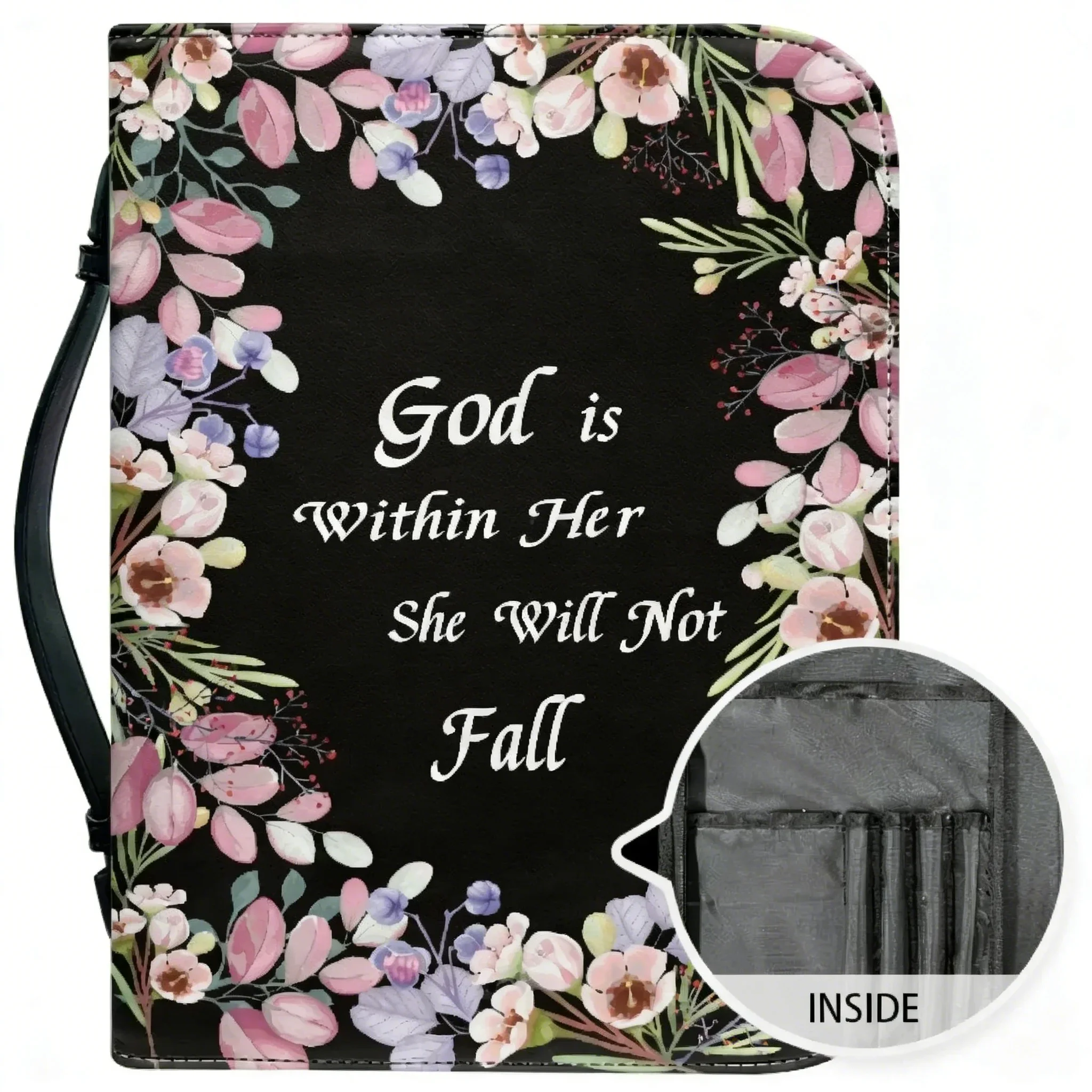 Flowers Verse Pattern Leather Bible Bag for Women Men Handle Handbags Bible Hymns Bible Cover Case Carrying Storage Bags