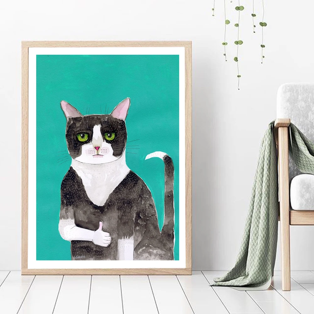 Tuxedo Cat Thumbs Up Pale Art Prints Poster Green Humour Canvas Painting Cat Lover Wall Pictures Living Room Kitchen Home Decor