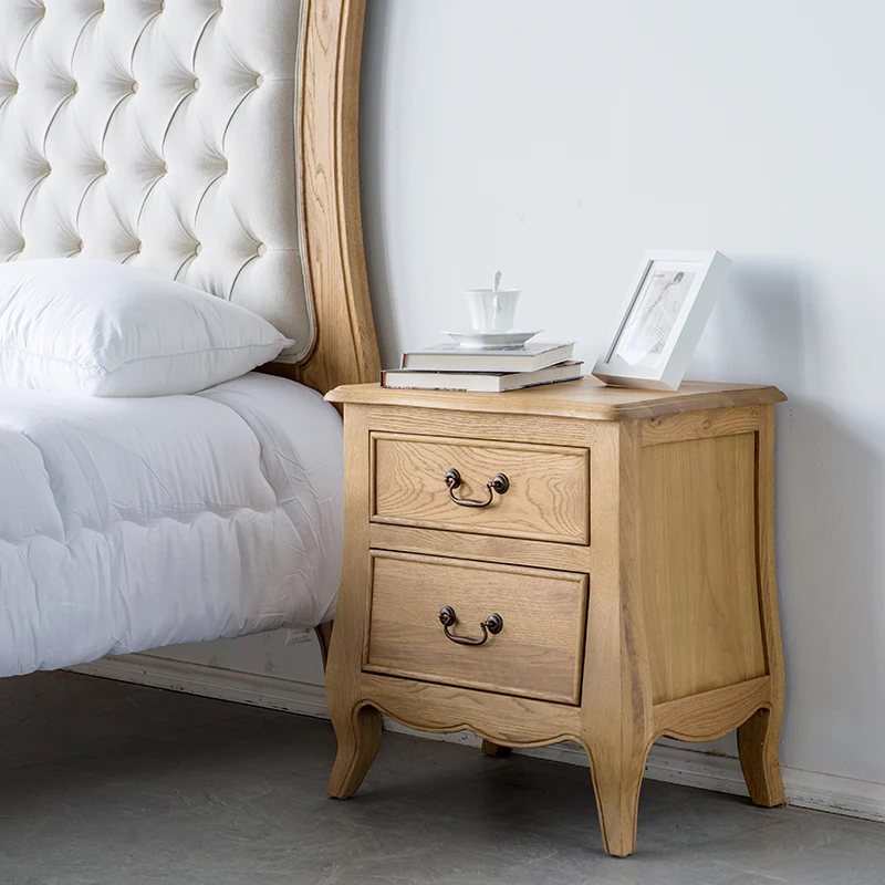 French oak two-draw bedside table European antique American solid wood European and American rural pastoral style bedroom corner