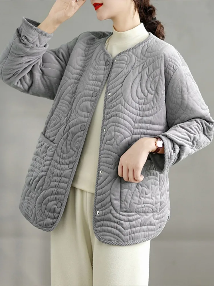 Elegant 3D Wave Quilted Velvet Cotton Jacket Women's Winter Thick Warm round Neck Cotton Coat Casual Style Non-removable Inne...