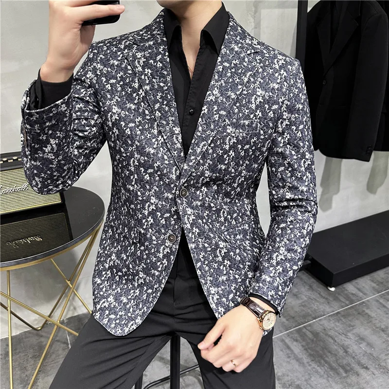 Autumn Winter Men Blazers Fashion Flower Casual Business Suit Jacket Slim Party Banquet Wedding Groom Dress Coat Men Clothing