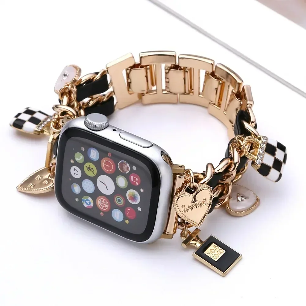 Women Metal+leather Strap for Apple Watch 10 42mm 46mm 9 8 7 41mm 45mm Cute Bracelet for Iwatch Series 6 5 Se 44mm 38 40mm Band