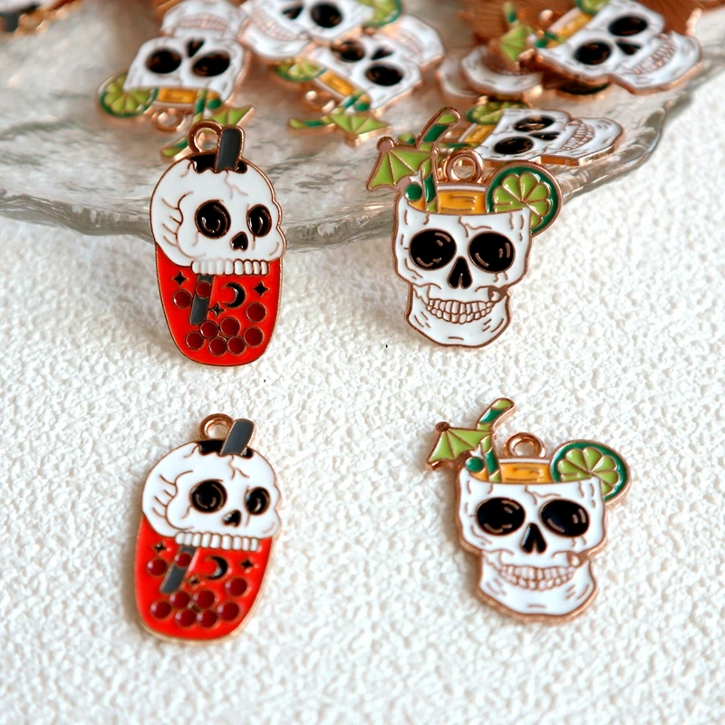 10PCS Bigger Gothic Carnival Skeleton Juice Metal Pendant Halloween Enamel Alloy Charms DIY Necklace Bracelet Keychain Accessory