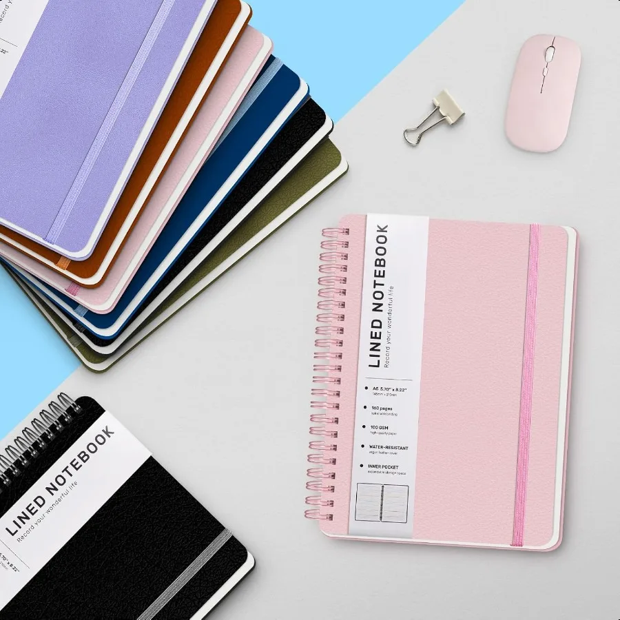 دفتر ملاحظات مُجلّد حلزوني مبطن مقاس A5 دفتر ملاحظات جلدي بغلاف مقوى للعمل مقاس 5.7 بوصة × 8.2 بوصة 100 جرامًا ورق سميك حلزونيًا غير يوميًا