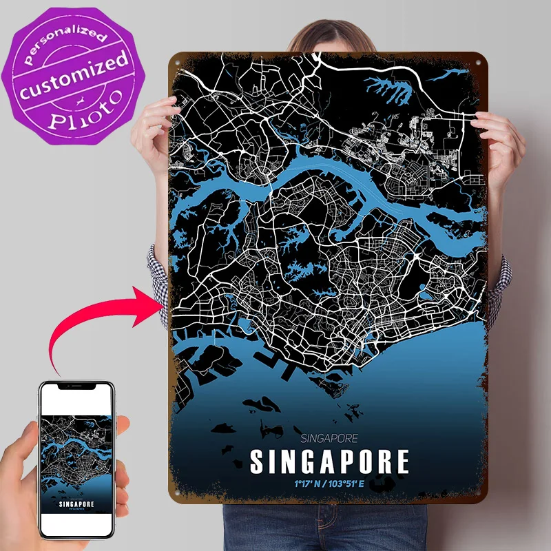 Singapore City Map - Black and White Personalized 3D Textured Metal Poster Wall Art Tinplate Sign for Room Decorations Man House