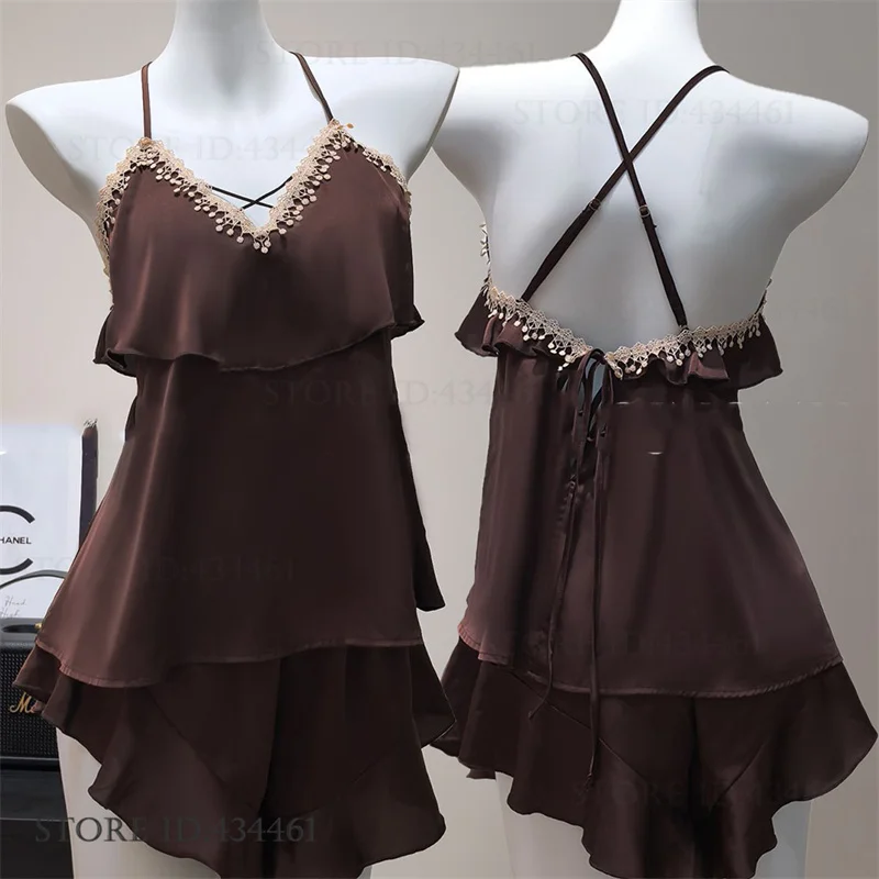 

Sexy Lace Backless Lingerie Sets Womens Pajamas Loungewear Summer New Satin Sleepwear Pyjama Femme Loose Homewear Pijamas Suit