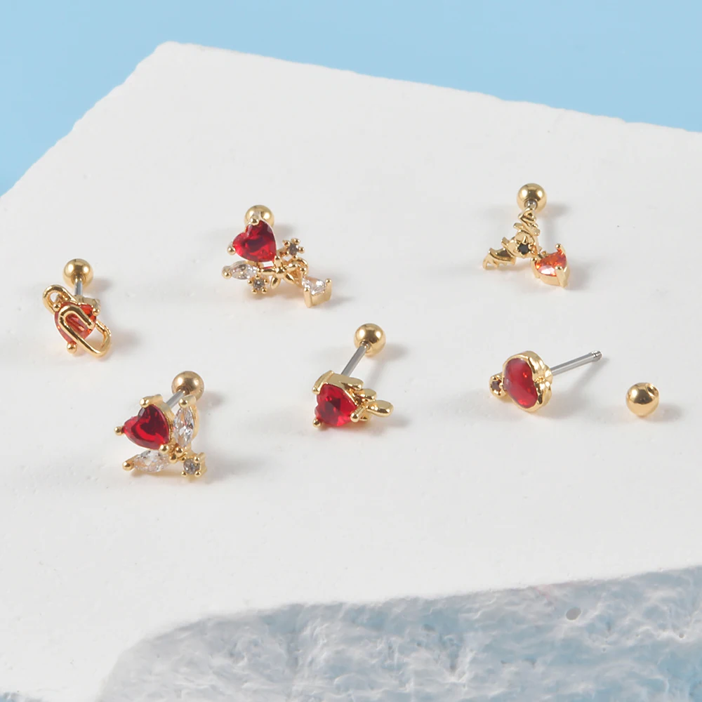 2PCS Surgical Steel Red Zircon Ear Studs Heart-Shaped Bat Evil Tragus Cartilage Screw Ball Earrings For Women Piercing Jewelry
