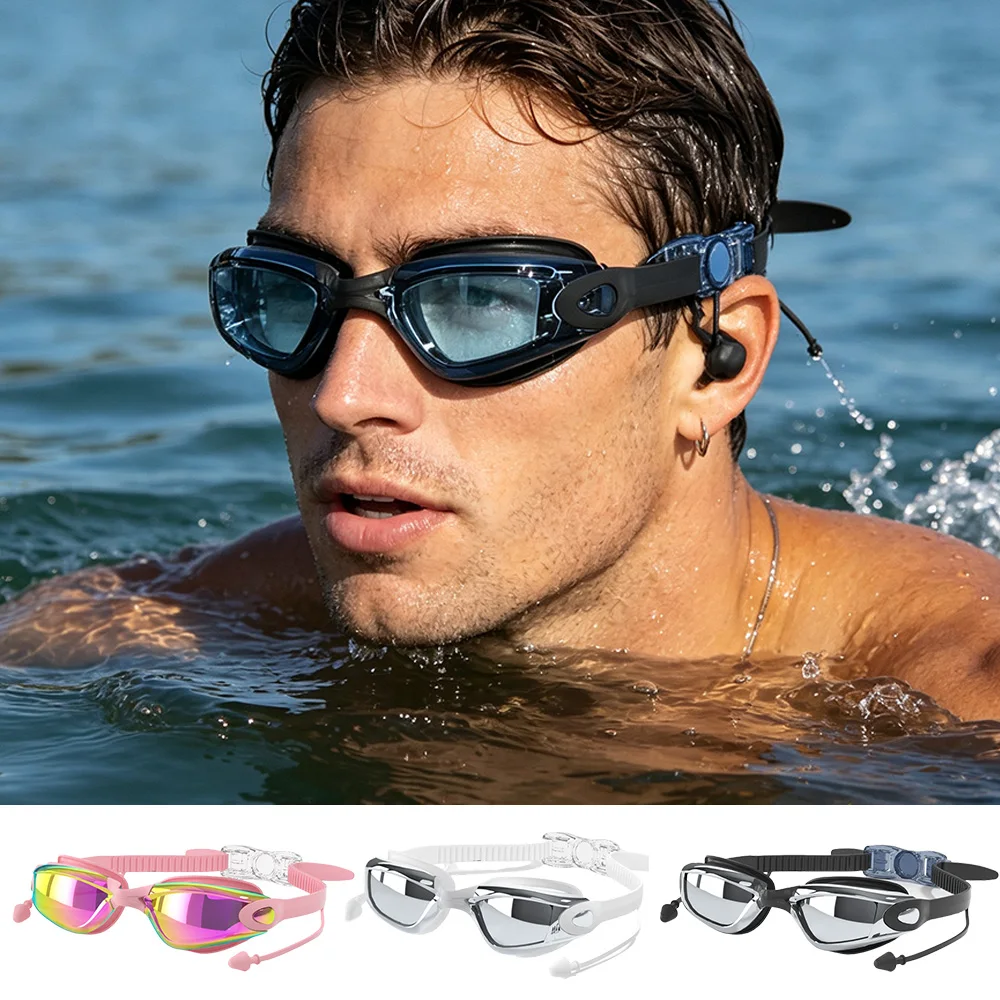 Adjustable Strap Swim Goggles Open Water Surfing Pool Exercise Seaside For Youth Adults HD Anti-Fog Leak-Proof Built-In Earplugs