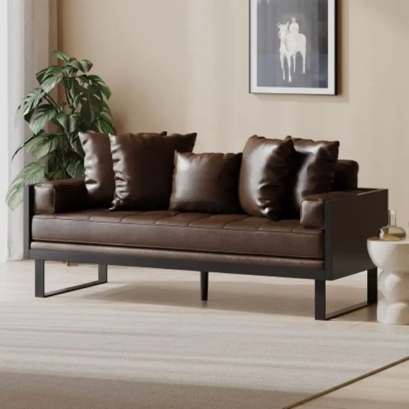 Small double sofa, contemporary design, button tufted stitching, faux leather,7 style feature pillows, living room