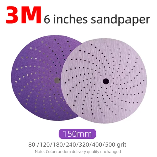 Papel de lija ciclónico púrpura de 3M6 pulgadas, disco flocado de 150mm, herrajes abrasivos para coche, lijado de madera, grano 80-800