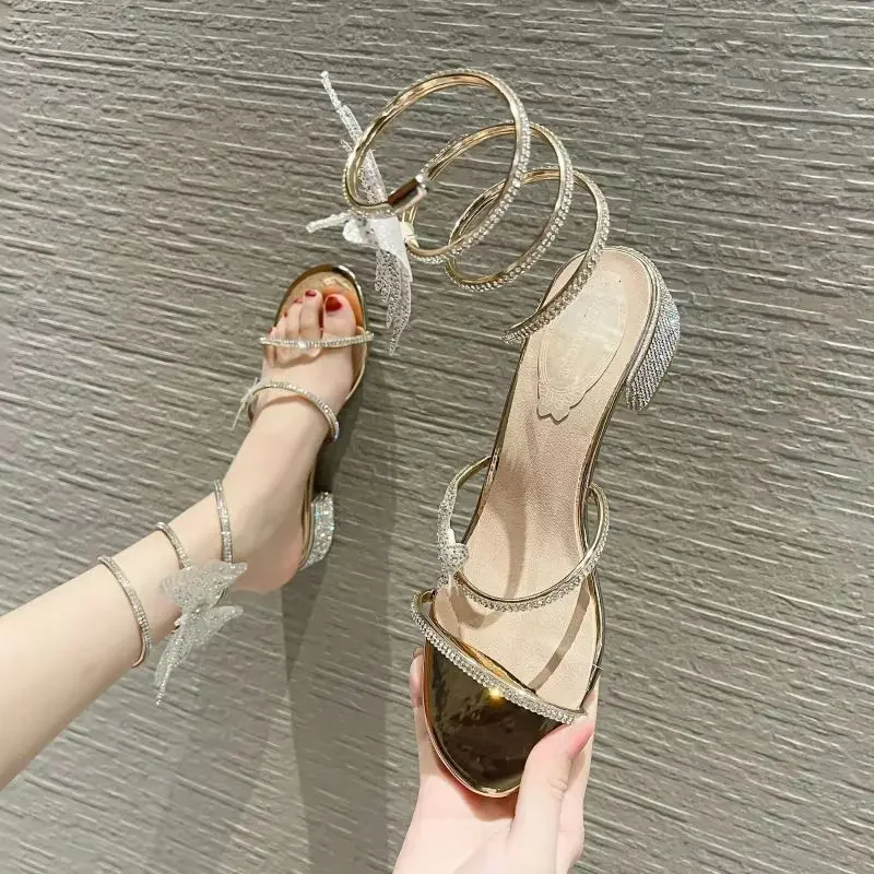 Xibeilove-Sandalias de tacón medio con diamantes de imitación para mujer, zapatos de boda de lujo, con diseño de mariposa, para banquete, verano,