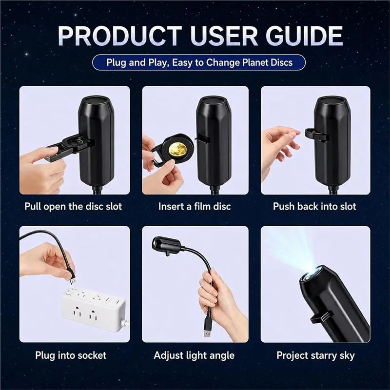 A76I-HD Glass Lens, 360° Flexible Neck Plug And Play Star Projector Light 1, 17 Discs, Galaxy Night Light