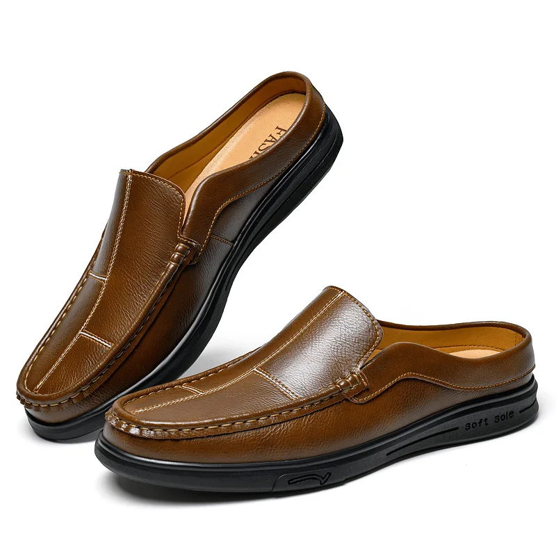 Large Size 38-47 Closed Toe Sandals Mules Men Half Shoes For Man Leather Mens Semi-Drag Casual Shoes Backless Loafers Slippers