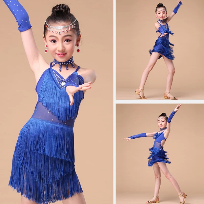 Abiti da ballo per ragazze Danza del ventre Gonna da tango per bambini Abbigliamento da carnevale Abbigliamento da ballo Costumi di salsa latina Abito da ballo con nappe di alta qualità