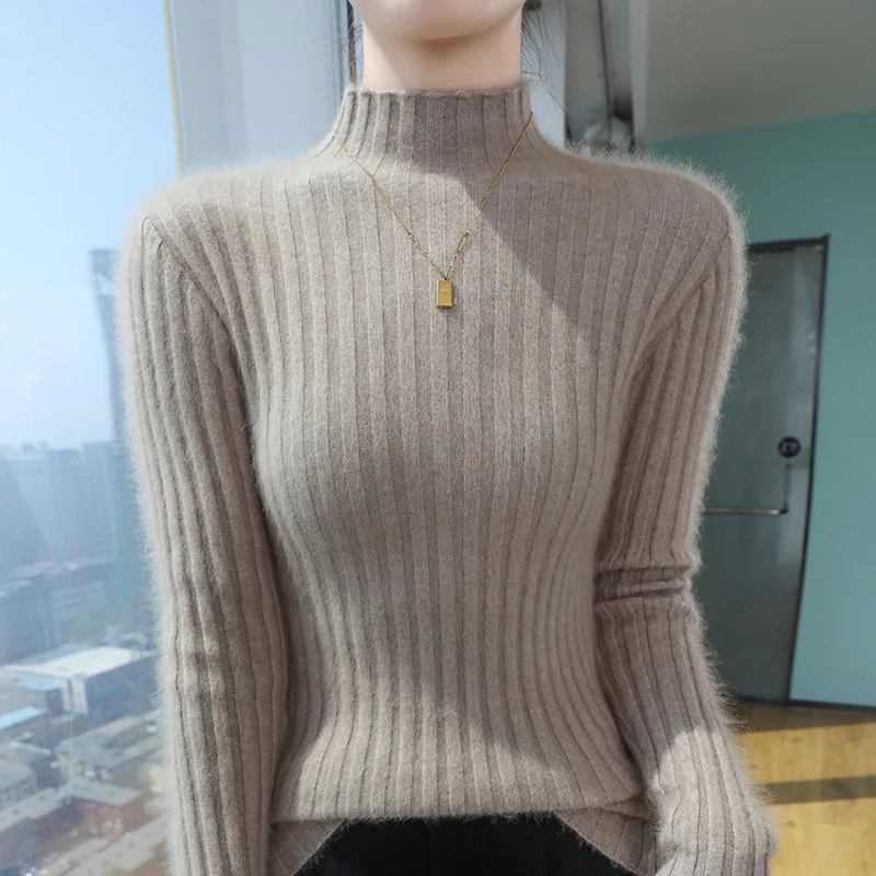 100% Pure Mink Cashmere Knit Pullover Lady's Semi-High Neck Slim Sprout Sweater Casual Joker Warm Bottoming Shirt Autumn Blouse
