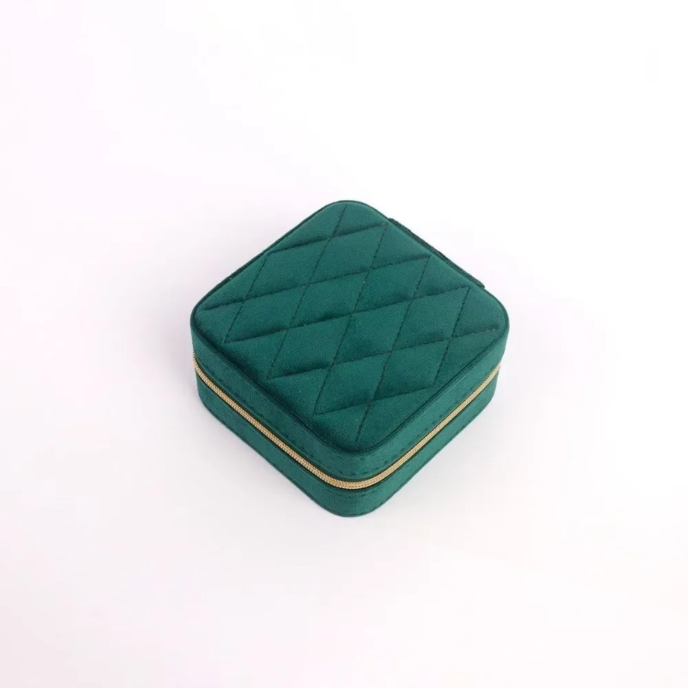 Rhombus Pattern Portable Velvet Jewelry Box Zipper Closure Velvet Jewelry Organizer Travel Jewelry Box Travel Use