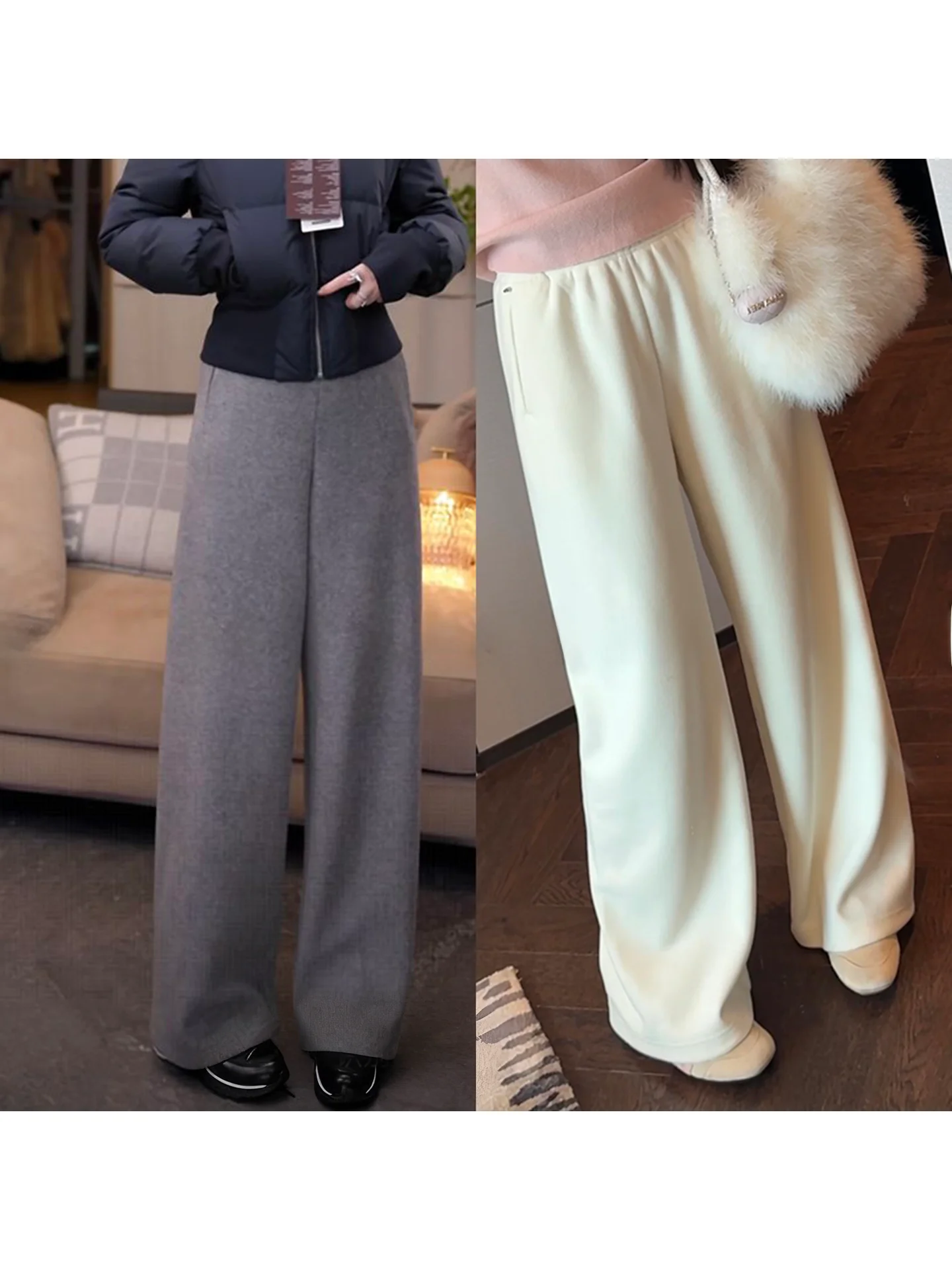

Yulu Heavyweight 600G Thiened Wool Blend Casual Loose Long Pants with kets Women's High Waist Elastic Cotton Blend Trousers