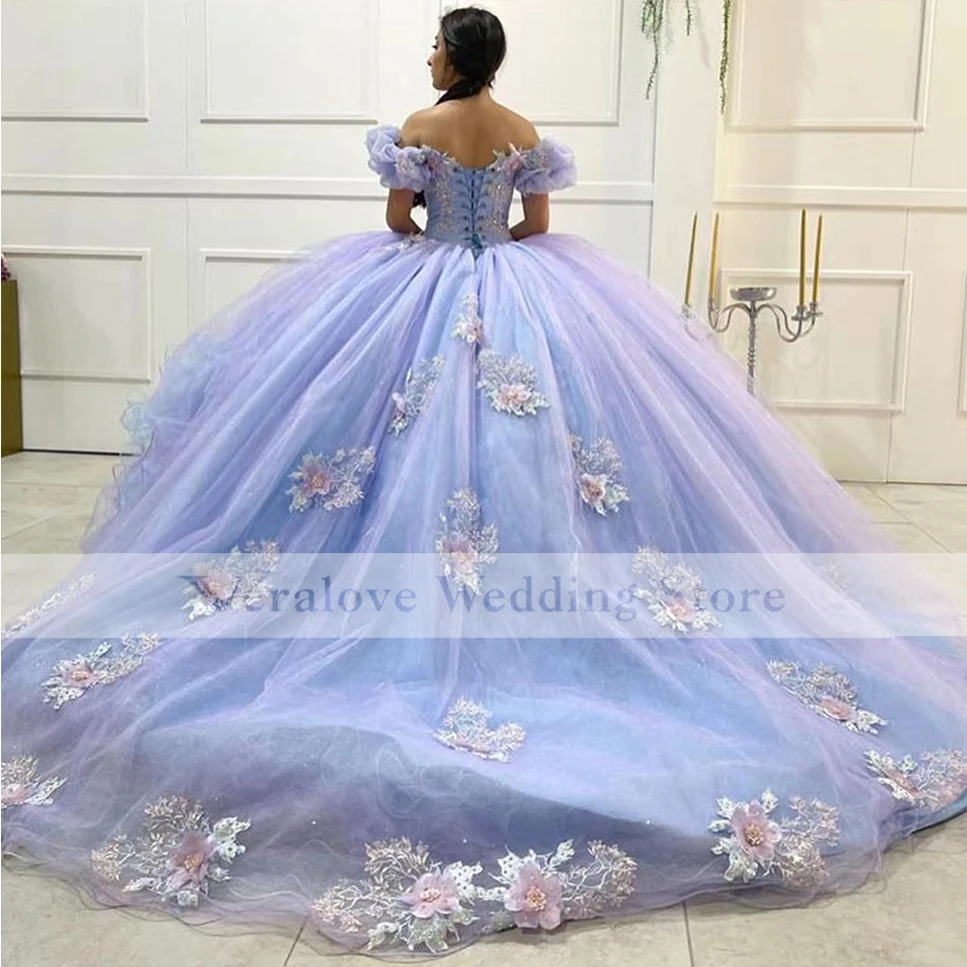 Vestido de quinceañera con hombros descubiertos, 16 vestidos, azul Lila, 2022