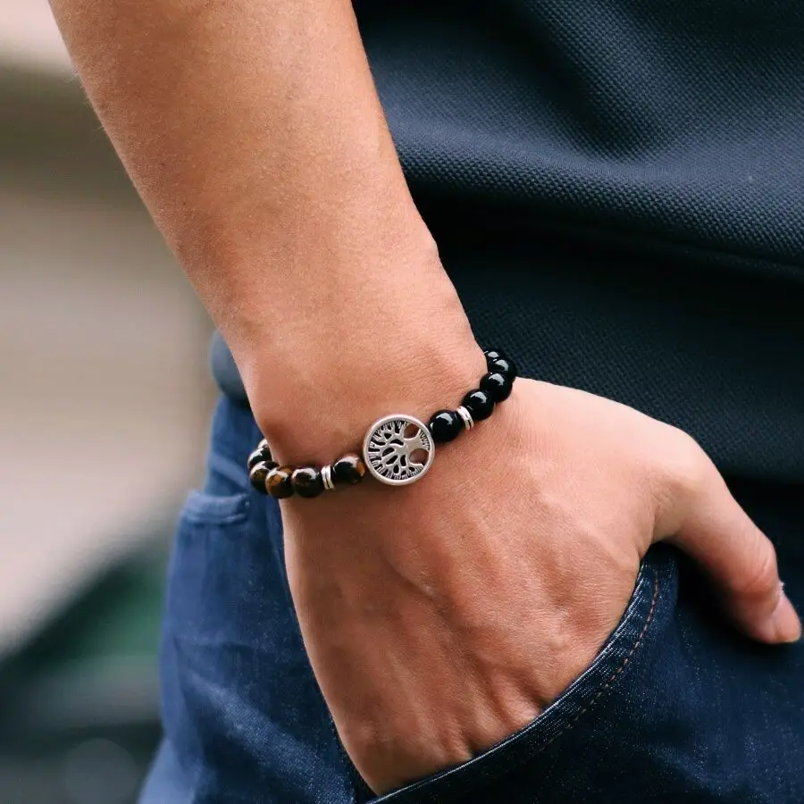 New Fashion Life Tree Bracelet For Men Bicolor Natural Tiger Eyes Obsidian Stone Braslet Lucky Red Howlite Charm Braclet Pulsera - view 5