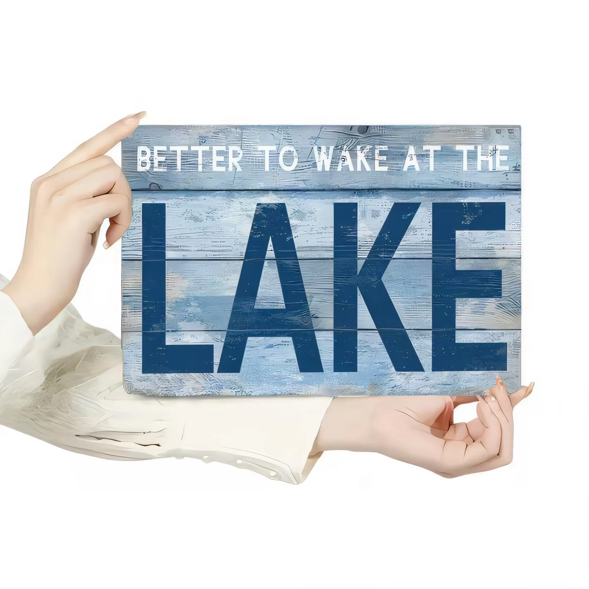 Tin Sign Better To Wake At The Lake Vintage Wooden Texture Blue Lettering Wall Decor Plaque for Cabin Lake House Bar Man Cave Ru
