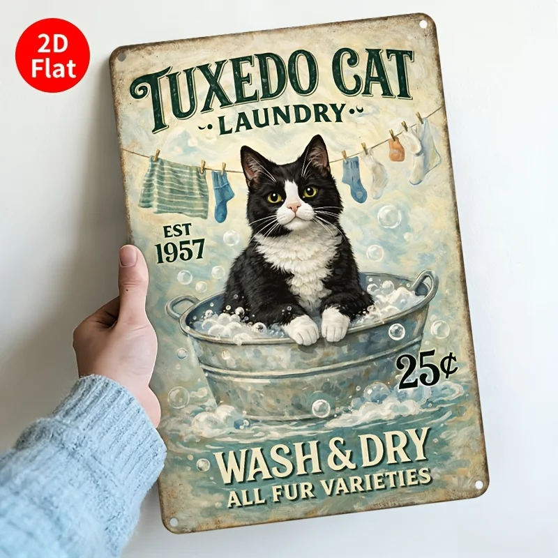 Vintage Metal Sign 2D Flat, Tuxedo Cat Laundromat Est. 1957 Wash & Dry Service, Retro Wall Decor for Home Cabin Laundry Room, Gi