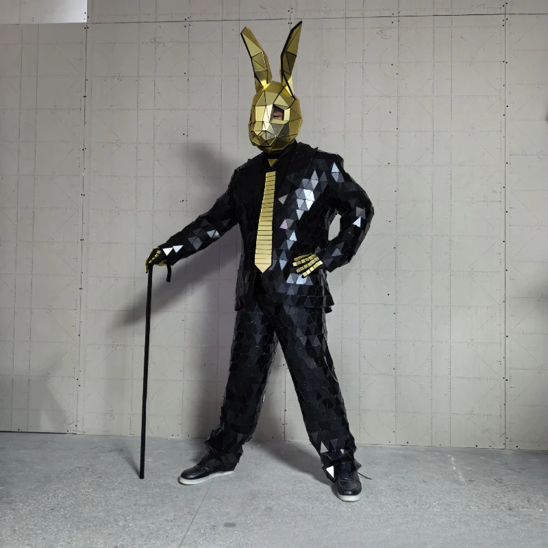 Black rabbit suit mirror suit reflective suit cosplay street party performance lens