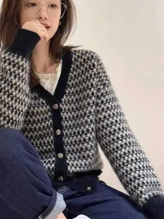 

Ladies' Knitted Cardigan Sweater Outerwear Plaid Pattern Vintage High-End Feeling Lazy Sle Spring Autumn Korean Version
