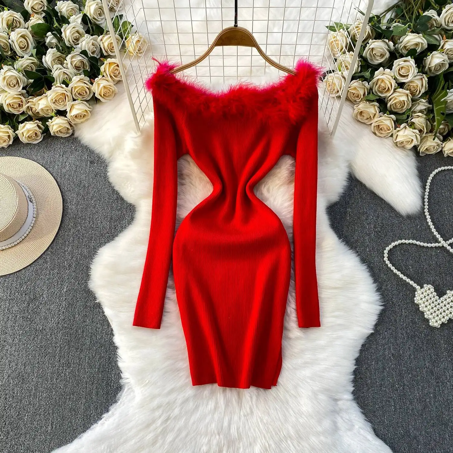 

Шикарное винтажное вязаное платье с разрезом на шее, элегантное сказочное корейское модное осеннее вечернее женское платье