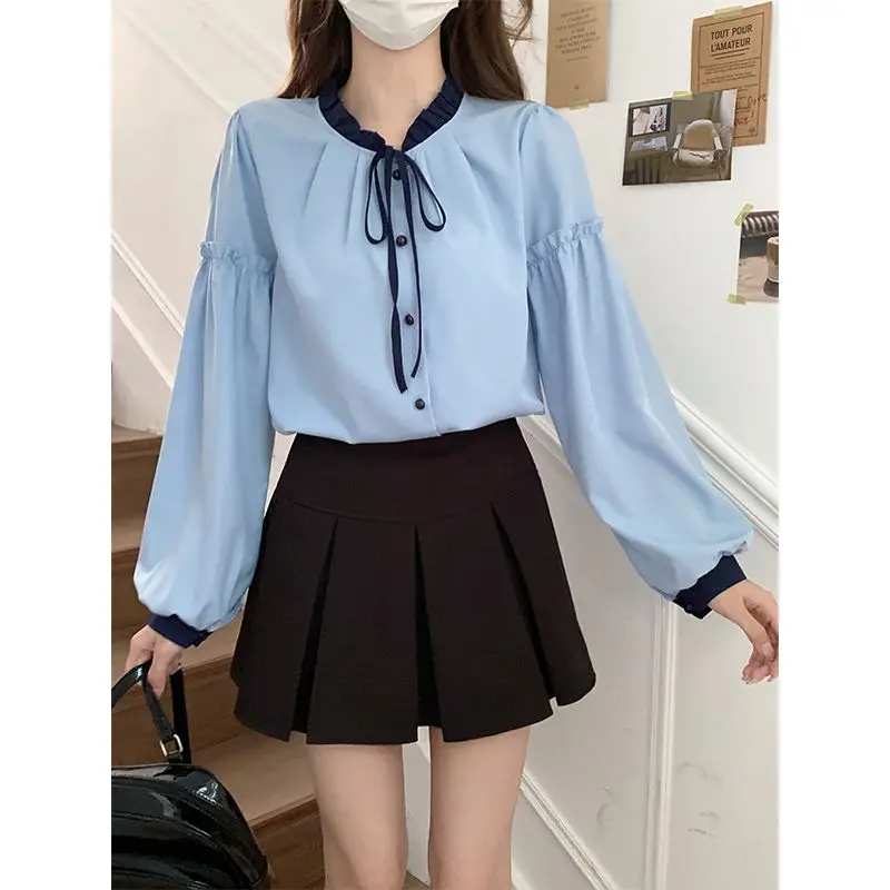 

Design Loose Long Sleeve Blouse Spring Women Top Lantern Sleeve Tie Detail