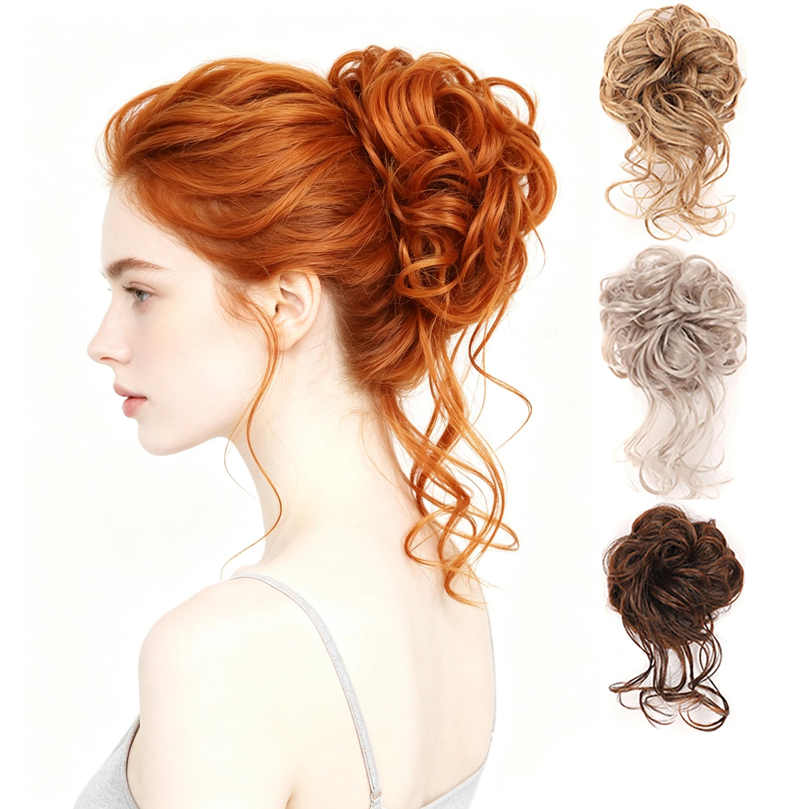 Elastic Scrunchie Messy Curly Hair Bun With Long Tendrils Synthetic Wavy Chignon Hair Tie For Women Daily Wedding Party