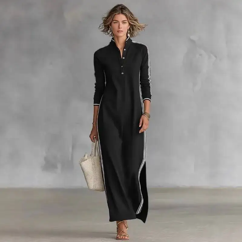 

2026 Autumn Vintage Striped Trim Long Sleeve Women's Stand Collar Button Henley Dress Loose Casual Party Maxi Dresses
