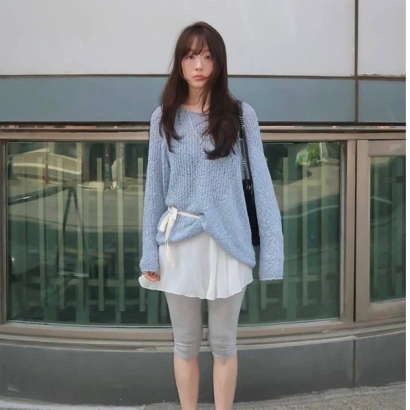 

Loose Thin Long Sve Knitted Sweater Casual Comfortable Overhead round Ne Mid-Length Color Lc Sle