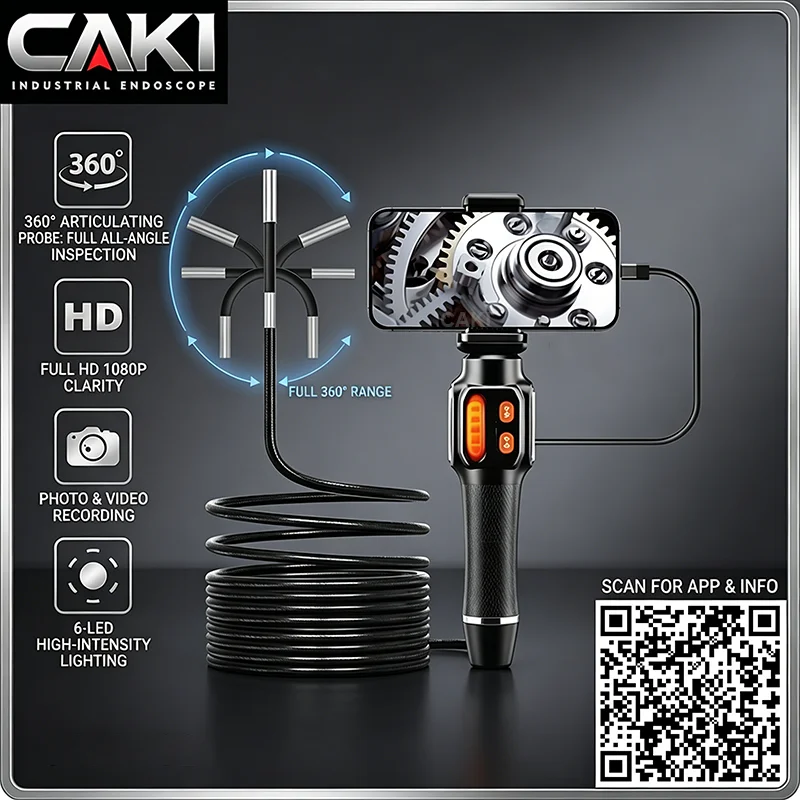 CAKI New 360° Articulating Borescope Endoscope Camera 1080P FHD Articulated Inspection Borescope Camera IP67 Android/iOS Phone