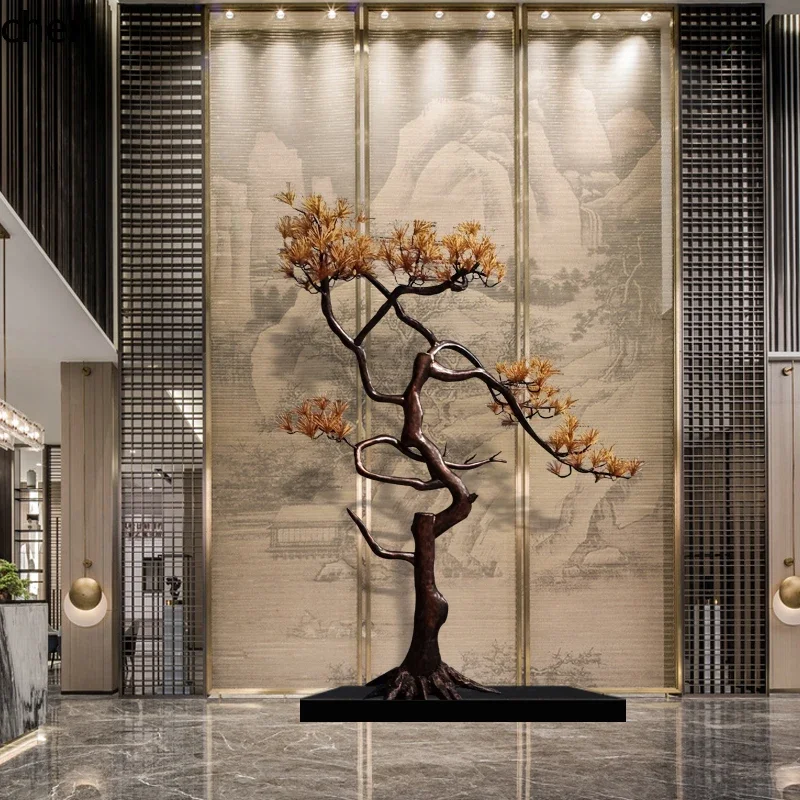 HT  Chinese floor-to-ceiling wrought iron welcome pine ornament, hotel clubhouse lobby sculpture, lucky tree