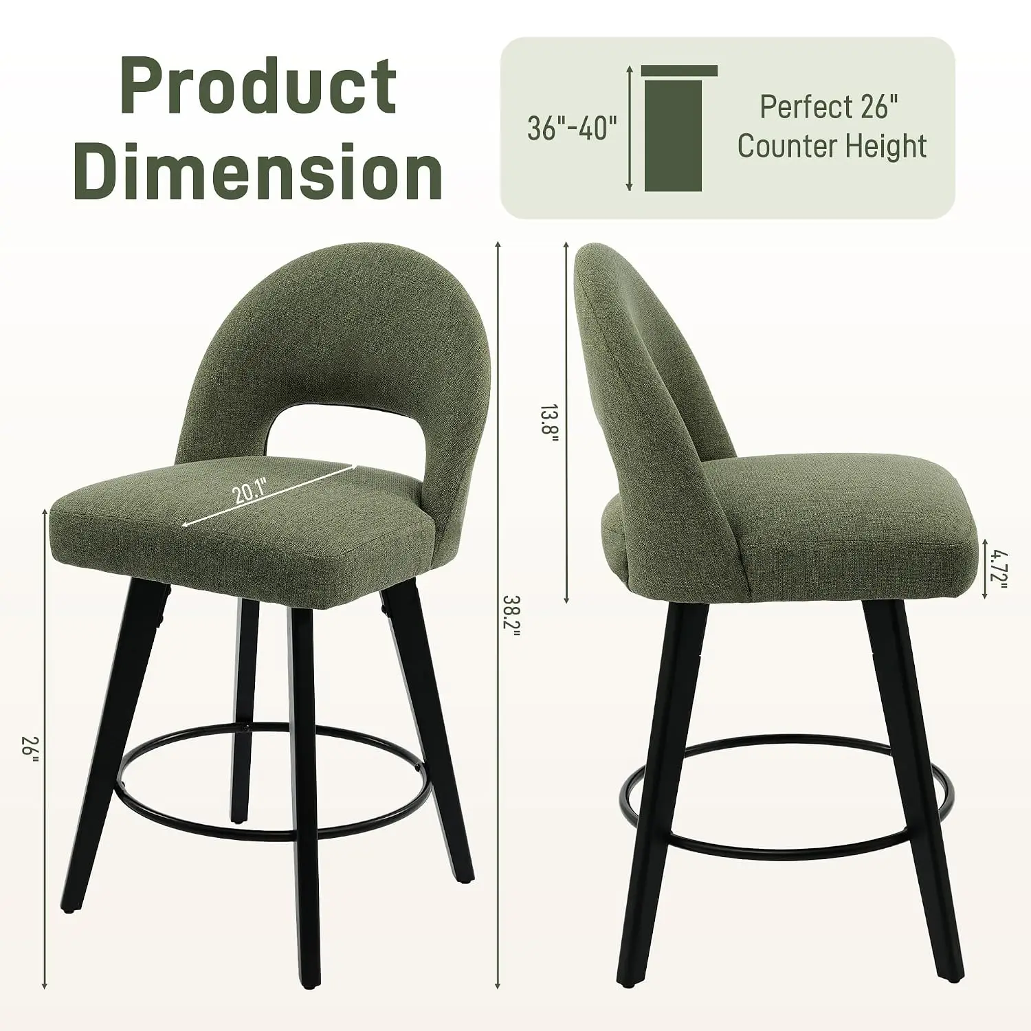 Set of 2 Swivel Counter Height Bar Stools, 26 Inch Green Linen Upholstered Chairs with Backrest and Wood Legs for Kitchen Island