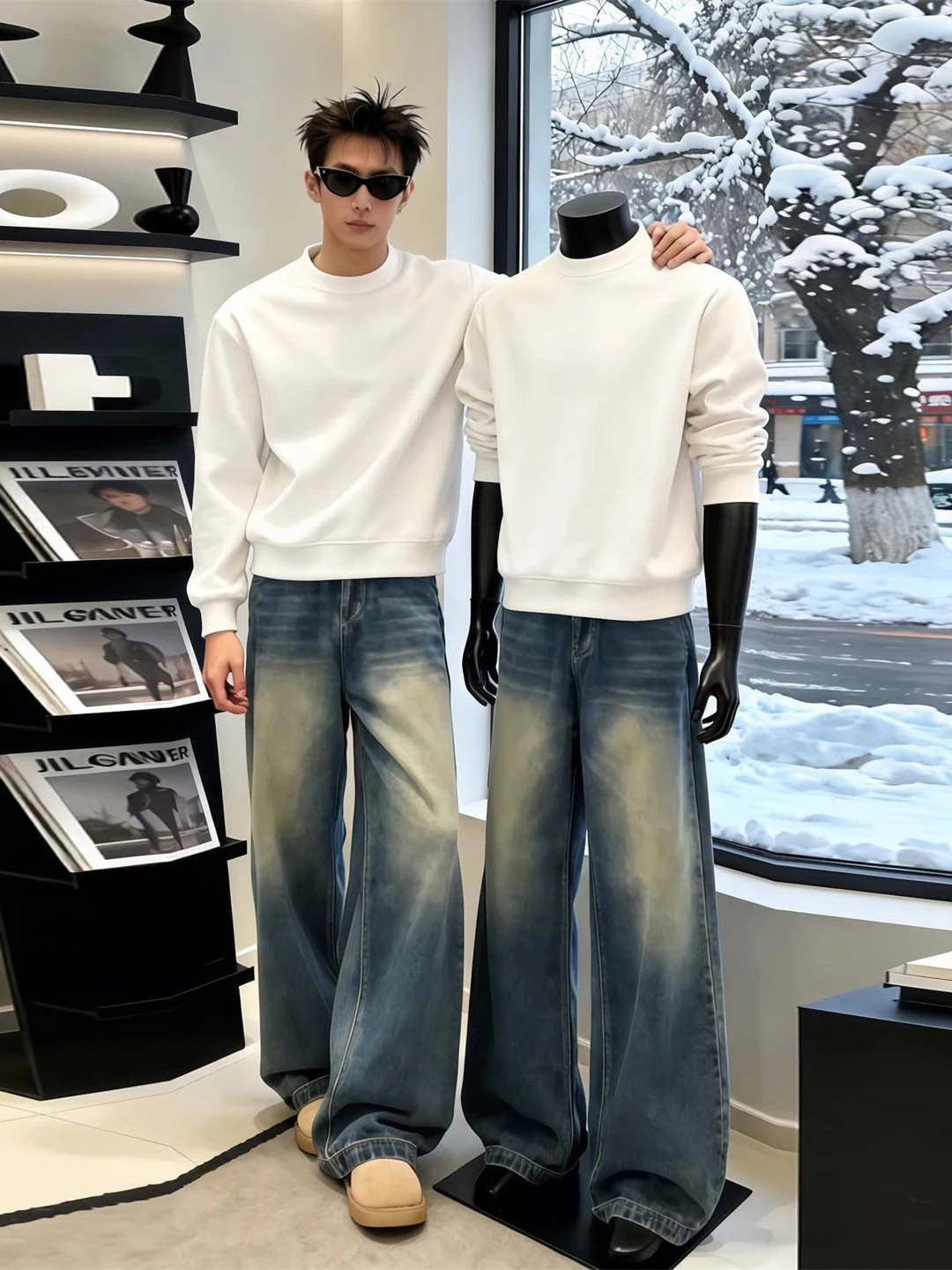 

White round Neck Fleece Lined Long Sleeve Men's Hoodie Spring Casual Loose Fit Inner Wear Base Shirt Heavyweight T-Shirt